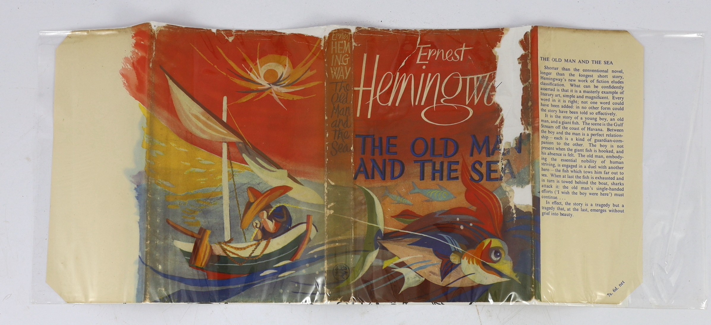 Hemingway, Ernest - The Old Man and the Sea, 1st UK edition, 8vo, the unclipped d/j with loss to right front panel and spine head, ownership inscription to front fly leaf, Jonathan Cape, London, 1952